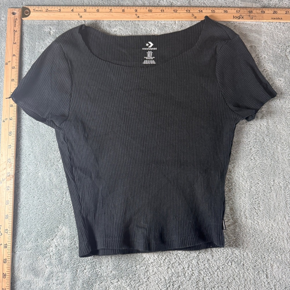 Converse Womens Ribbed Short Sleeve Crop Top Black Scoop Neck Size Medium